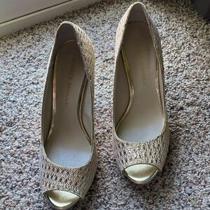 Audrey Brooke Quillan Brocade Glitter Peep Toe Heels-Size 6 Metallic Trim